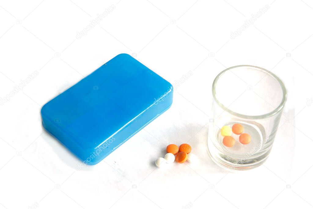 Medicine pills or capsules in box,Pharmaceutical medicament, cure in container for health on white background