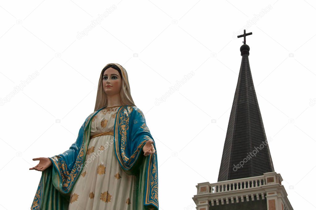 Virgin Mary Statue In Roman Catholic Church isolated on white background.