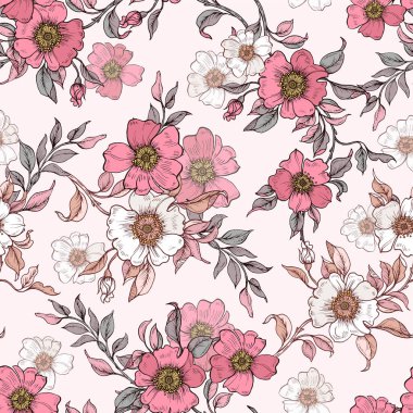 Çay gülü ve yumuşak gölgeli serçelerle kusursuz vektör deseni.