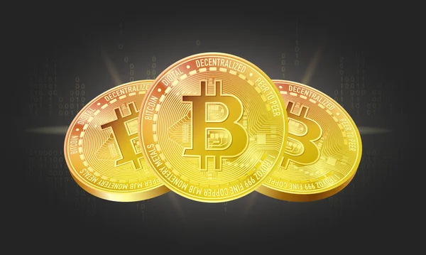 Siyah arkaplanda Bitcoin simgesi afişi. Dijital para birimi ağ şablonu