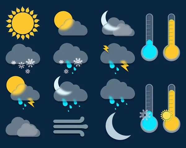 Iconos Meteorológicos Sobre Fondo Oscuro Elementos Vectoriales Sobre Estilo Vidrio — Archivo Imágenes Vectoriales