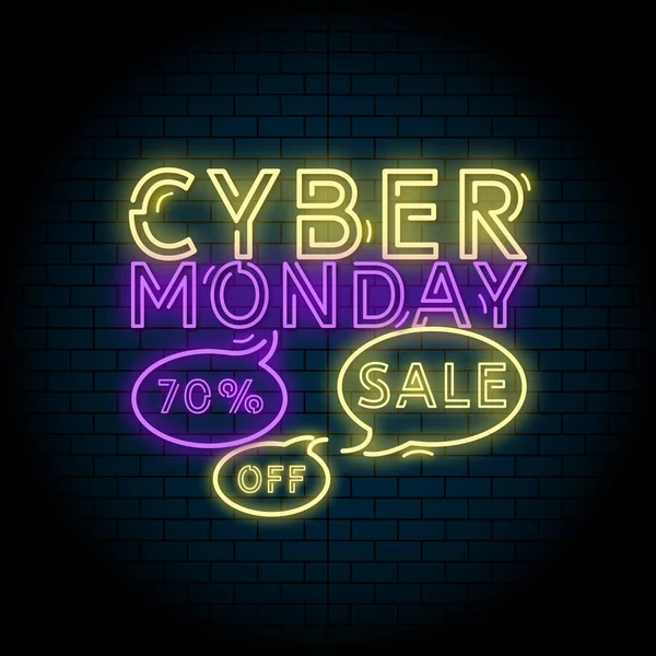 Siber Pazartesi pankartı. Büyük satış retro sarı ve mor neon poster