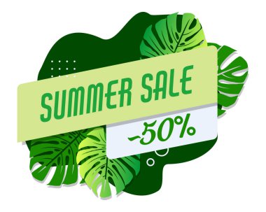 Yeşil yaz pankartı şablonu. Tropik çiçekli sıvı soyut geometrik baloncuk