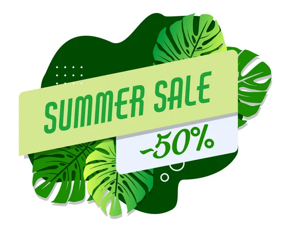 Yeşil yaz pankartı şablonu. Tropik çiçekli sıvı soyut geometrik baloncuk