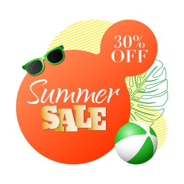 Sıvı yaz geometrik portakal satışı balonu tropik çiçekler, güneş gözlükleri ve plaj topu. Tropik arka plan ve fon, mevsimlik teklif, promosyon, reklamcılık için tanıtım rozeti