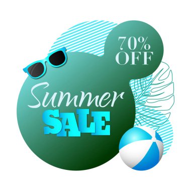 Sıvı yaz, soyut geometrik yeşil, tropik çiçekli, güneş gözlüklü ve plaj toplu balon pankartı.