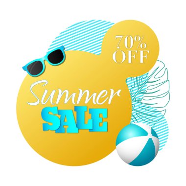 Sıvı yaz, soyut geometrik sarı, tropik çiçekli, güneş gözlüklü ve plaj toplu balon pankartı.