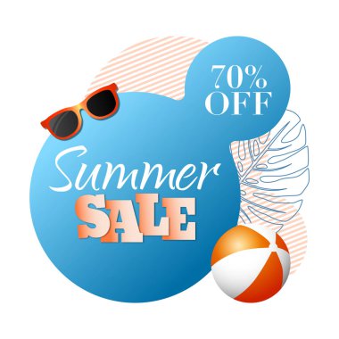 Sıvı yaz soyut geometrik mavi büyük satış balonu afişi tropik çiçekler, güneş gözlükleri ve plaj topu