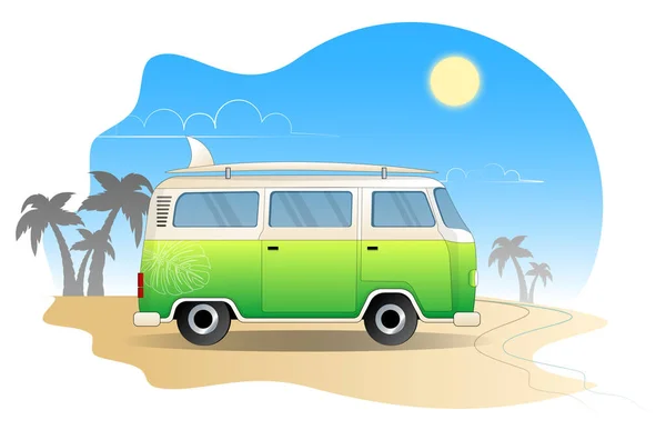 Yaz Tatili Yeşil Sörf Otobüsü Günbatımı Tropikal Plajı Düz Stil — Stok Vektör