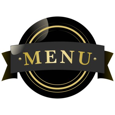 Beyaz üzerine izole edilmiş altın simge menüsü olan siyah etiket