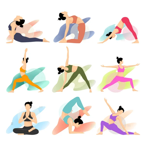 Conjunto Personas Realizando Ejercicios Yoga Mujeres Practicantes Asana Aisladas Sobre — Vector de stock