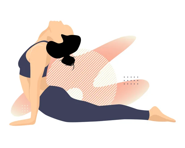Yoga yapan kadın soyut şeftali arka planında poz veriyor. Düz çizgi film renkli vektör çizimi