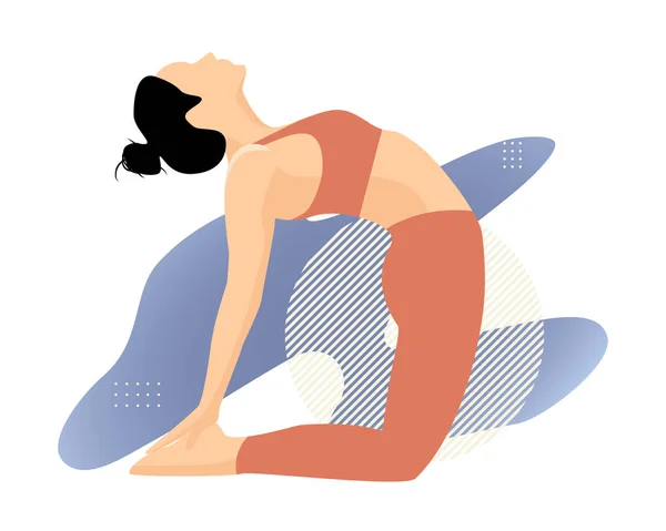 抽象的な青の背景にヨガのポーズを練習女性 フラット漫画のカラーベクトルイラスト — ストックベクタ