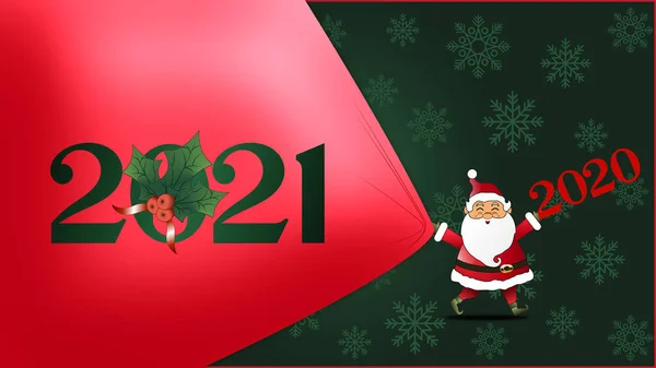 緑の背景にサンタクロースとクリスマス招待カード 新年のテキスト付きの赤いクリスマスカーテン ベクターイラスト — ストックベクタ