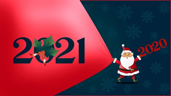 青い背景にサンタクロースとクリスマス招待カード 新年のテキスト付きの赤いクリスマスカーテン ベクターイラスト — ストックベクタ
