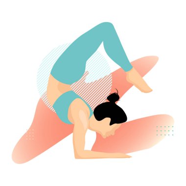 Yoga yapan kadın soyut şeftali arka planında poz veriyor. Düz çizgi film renkli vektör çizimi