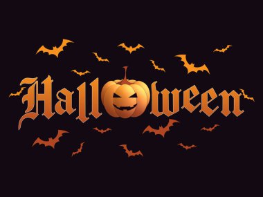 Cadılar Bayramı siyah afişi ya da parti davetiyesi geçmişin kutlu olsun. Turuncu kabaklı ve uçan yarasalı vektör çizimi