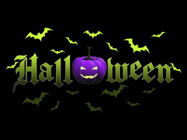 Cadılar Bayramı siyah poster kartı, mor balkabağı ve sarı yarasalar.