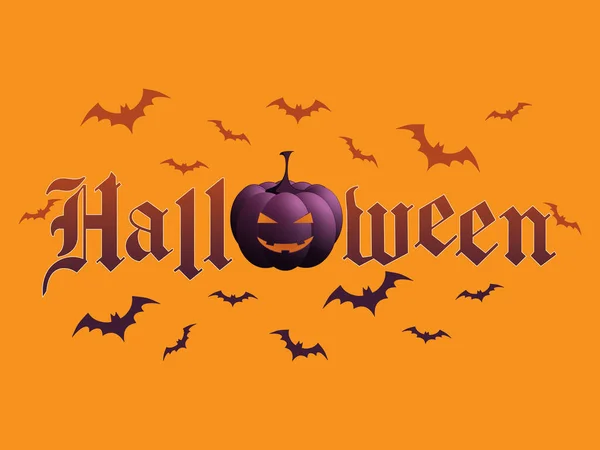 Tarjeta Cartel Naranja Halloween Con Calabaza Oscura Murciélagos — Vector de stock