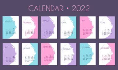 Takvim 2022 şablon, menekşe, mavi ve pembe masa takvimi tasarımı, hafta başı Pazartesi, planlama, kırtasiye, duvar takvimi. Vektör illüstrasyonu