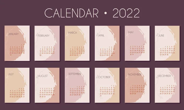 カレンダー2022テンプレート ピンク ベージュと紫のデスクカレンダーのデザイン 週の開始月曜日に プランナー 文房具 壁のカレンダー ベクターイラスト — ストックベクタ