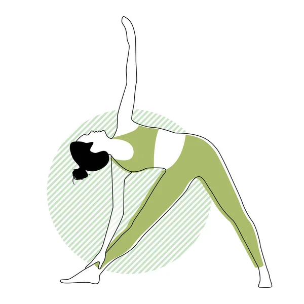 抽象的な緑の背景にヨガのポーズを練習女性 フラット漫画のカラーベクトルイラスト — ストックベクタ