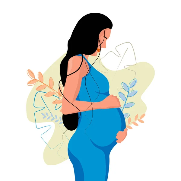 Femme Enceinte Attendant Bébé Sur Fond Floral Vert Isolé Sur — Image vectorielle