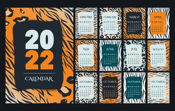 Calendário 2022 Modelo Laranja Verde Pêssego Branco Design Calendário Mesa — Vetor de Stock