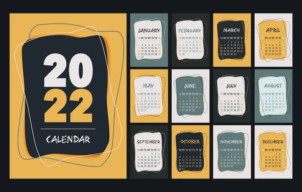 Kalender 2022 Vorlage Gelb Grau Weiß Und Schwarz Schreibtischkalender Design — Stockvektor