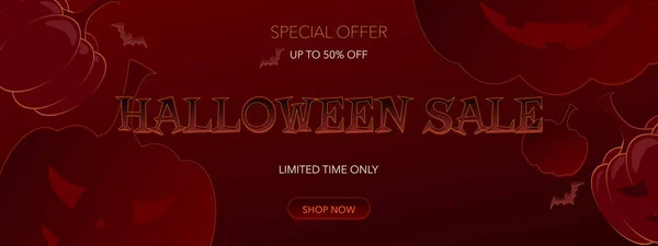 Manifesto Halloween Con Zucca Pipistrelli Banner Nero Rosso Grande Vendita — Vettoriale Stock