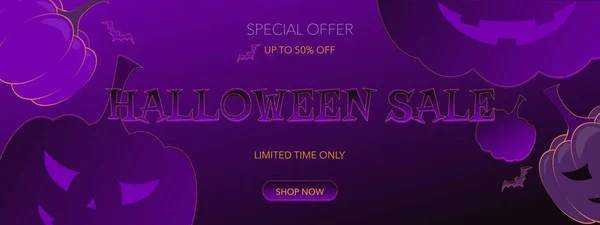 Cartel Halloween Con Calabaza Murciélagos Banner Negro Púrpura Gran Venta — Vector de stock