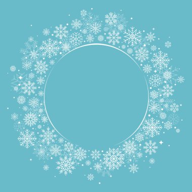 Kış, kar taneleriyle dolu boş bir çerçeve çelengi. Vektör illüstrasyonu