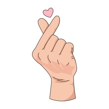 Fingers making korean love gesture sign. Hand vector illustration with pink heart