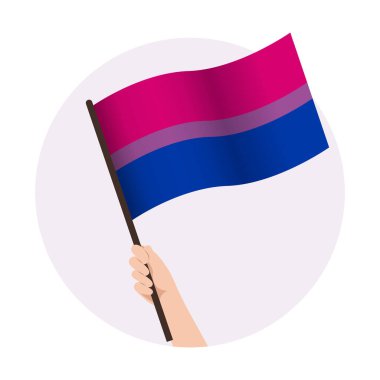 Bisexual waving pride flag in raised hand. Support vector illustration