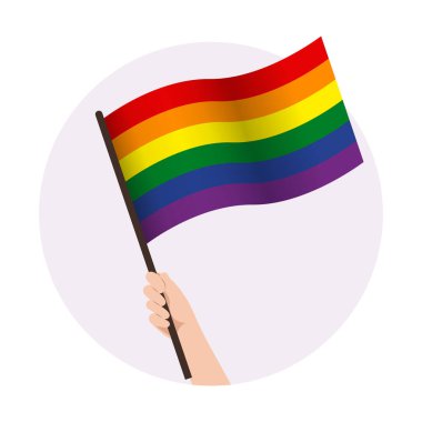 LGBT havada gökkuşağı gururu bayrağı sallıyor. Vektör resimlemesini destekle