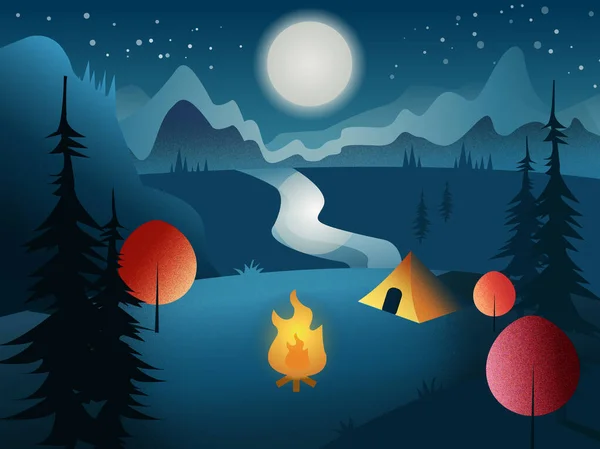 Nacht Landschaft Mit Bergen Hintergrund Illustration Flaches Banner Menschen Lifestyle — Stockfoto