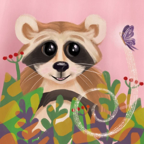 Cute raccoon with plants and a glittering butterfly on a pink background. Illustrarion\digital painting