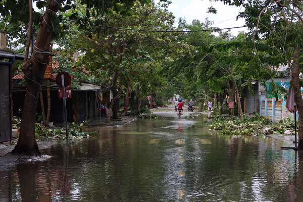 Hoi An, Vietnam, October 29, 2020: Fallen trees on a flooded street in Hoi An from Typhoon Molave