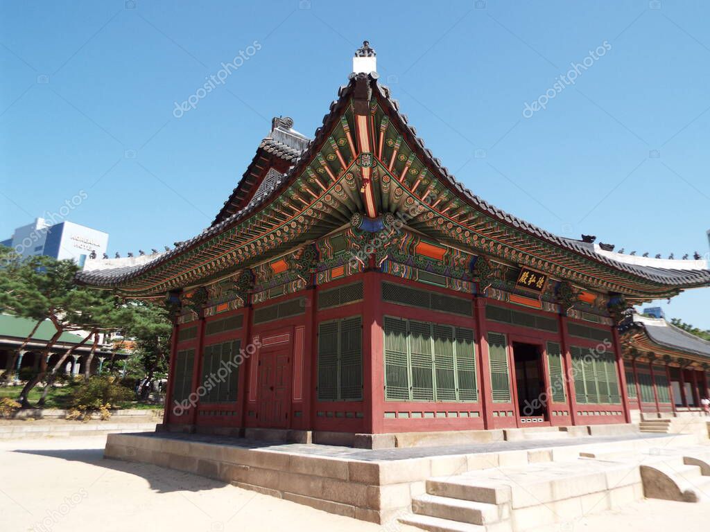 Seoul, South Korea, October 6, 2016: Richly decorated wooden house of Deoksugung Palace in Seoul