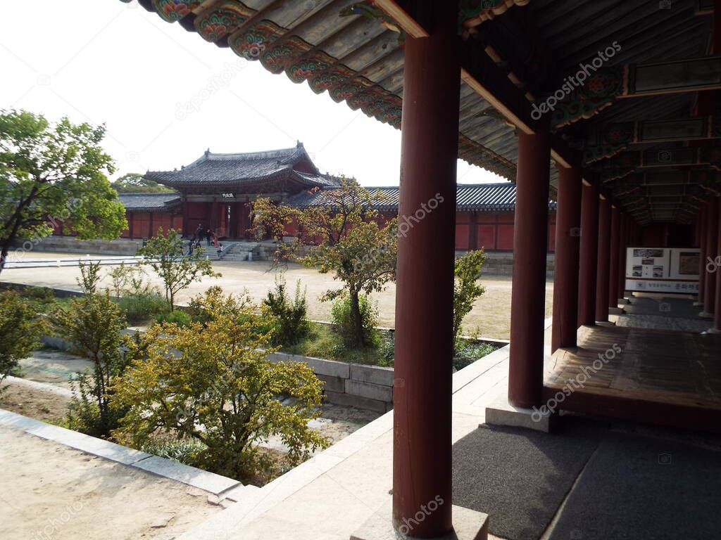 Seoul, South Korea, September 25, 2016: One of the courtyards seen from the porch of a house at Deoksugung Palace in Seoul