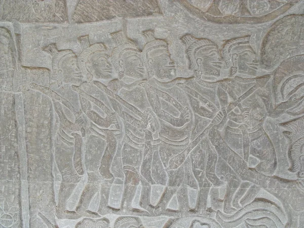 Siem Reap Cambodia April 2016 Stone Bas Relief Figures Warriors — Stock Photo, Image