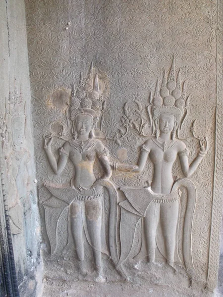 Siem Reap Cambodia April 2016 Stone Relief Two Dancing Girls — Stock Photo, Image
