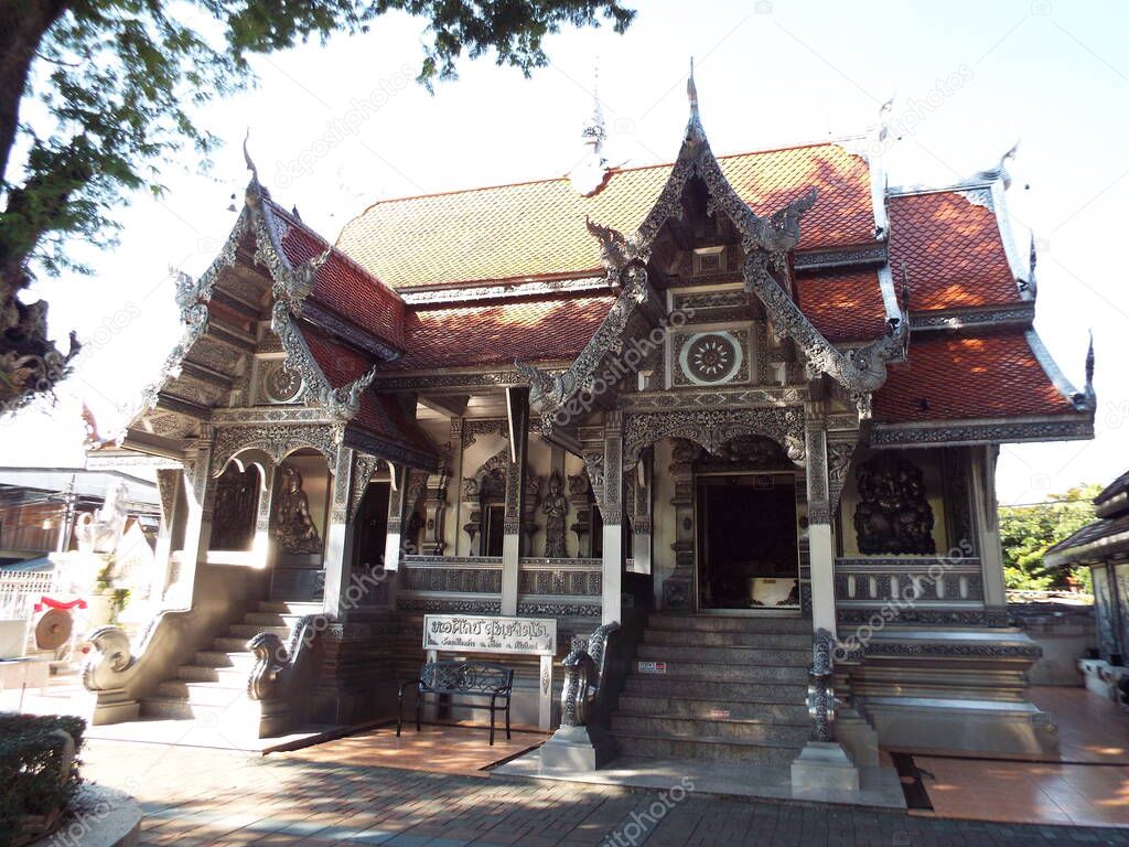 Chiang Mai, Thailand, December 6, 2018: Facade and entrance of Wat Muen San temple, silver temple of Chiang Mai
