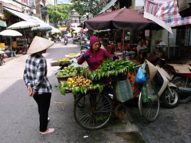 Hanoi, Vietnam, 19 Haziran 2016: Hanoi caddesinde meyve ve sebze yüklü bir bisikletin yanında iki kadın