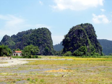 Tam Coc, Vietnam, 18 Haziran 2016: Tam Coc, Vietnam 'ın tipik bir manzarasında dağların yanında bir ev