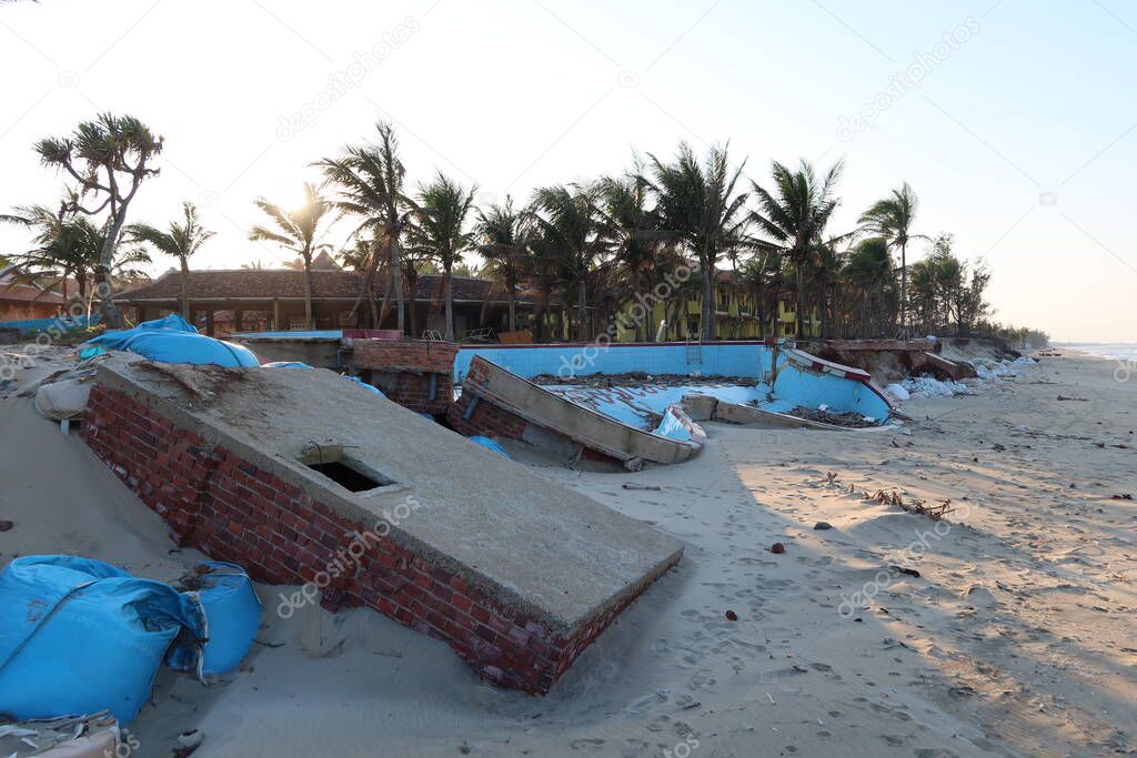 Hoi An, Vietnam, February 13, 2021: Buildings and facilities on the central coast of Vietnam destroyed in the 2020 typhoon season