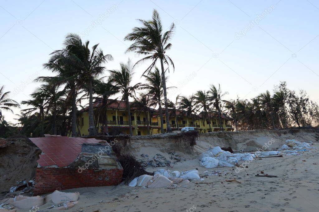 Hoi An, Vietnam, February 13, 2021: Hotel located on the central coast of Vietnam destroyed in the 2020 typhoon season