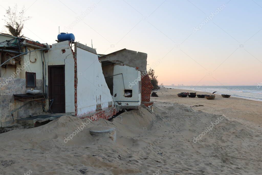 Hoi An, Vietnam, February 13, 2021: Homes on the central coast of Vietnam destroyed in the 2020 typhoon season