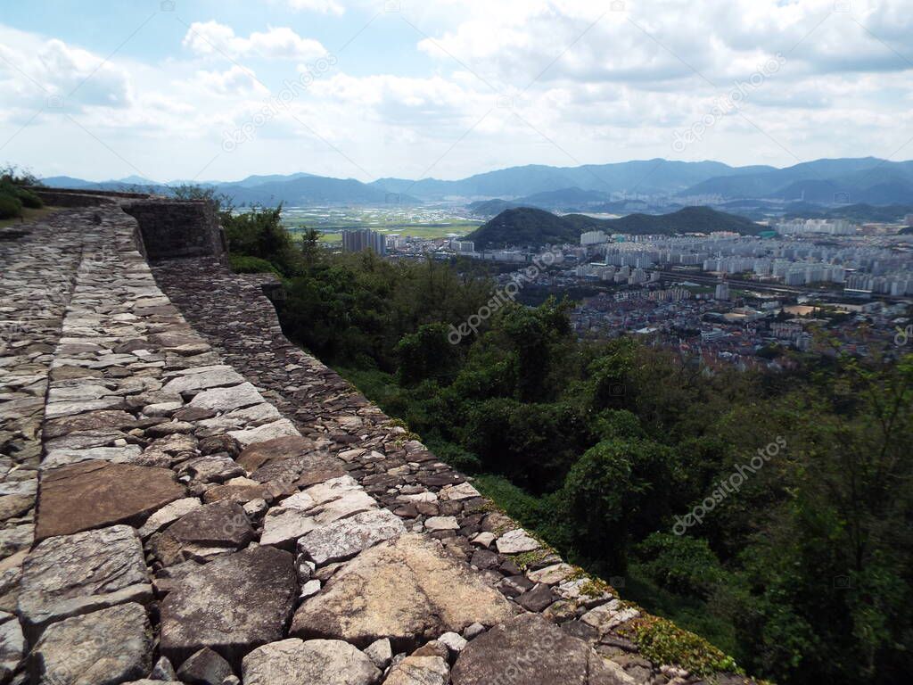 Gimhae, South Korea, September 3, 2017: View of the city of Gimhae. South Korea from Bunsanseong Fortress. Three Kingdoms Period. Gimhae. South Korea