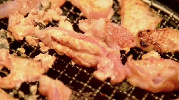 Korean style grilled meat on hot stove with grid  with flame burning video — Stock Video